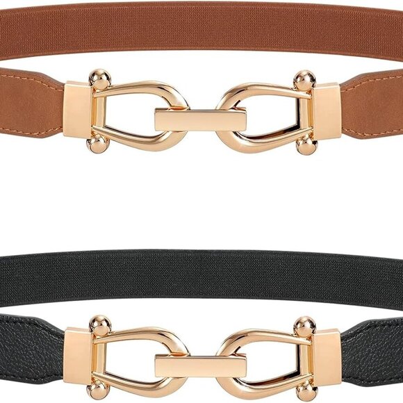 Women Stretchy Waist Belt Retro Elastic Skinny Belt for Ladies with Gold Buckle - Picture 1 of 7